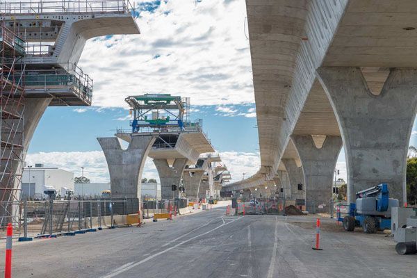 Highway bridge under construction on concrete pillars